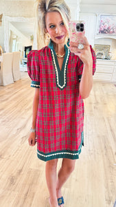 Red Plaid Scallop Trim Puff Sleeve Dress