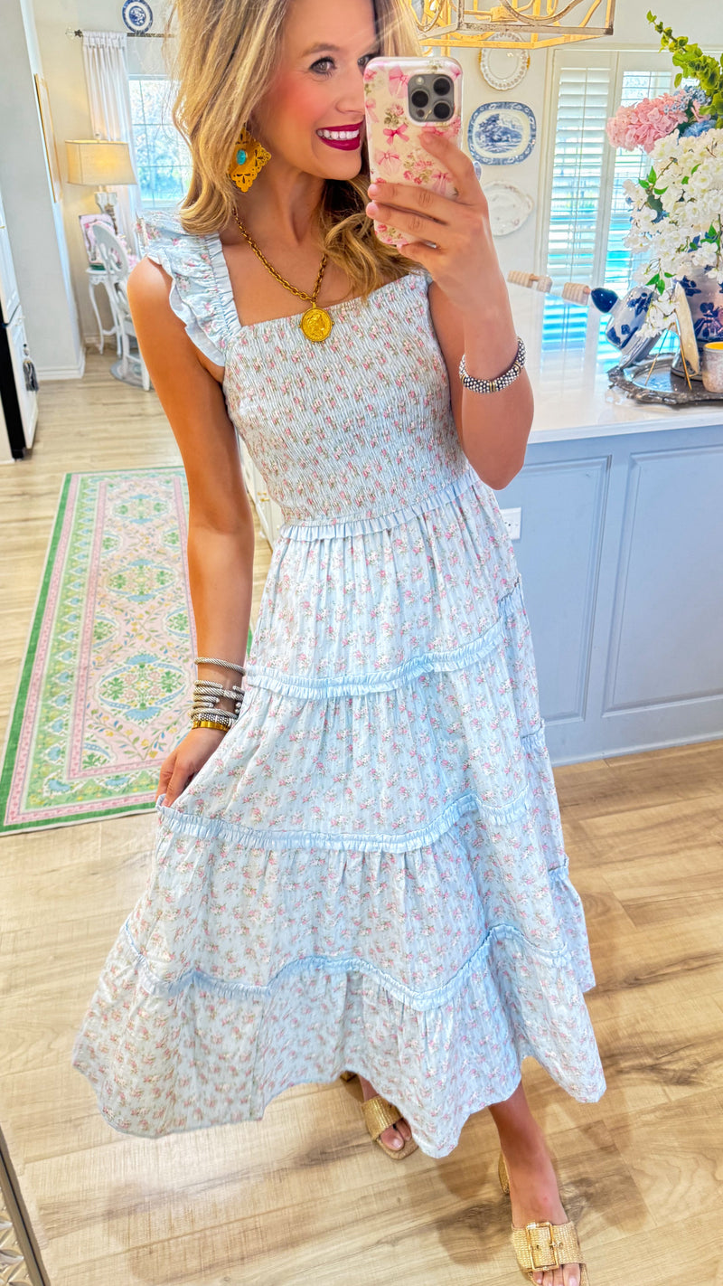 Light Blue Floral Smocked Maxi Dress – Charlotte Heart Boutique