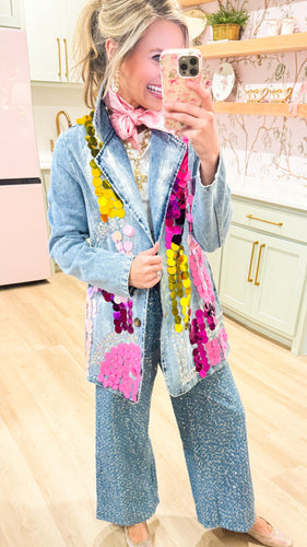 Denim Multi Sequin Blazer Jacket