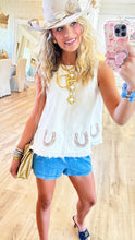 Horseshoe Embroidered Frayed Hem Top