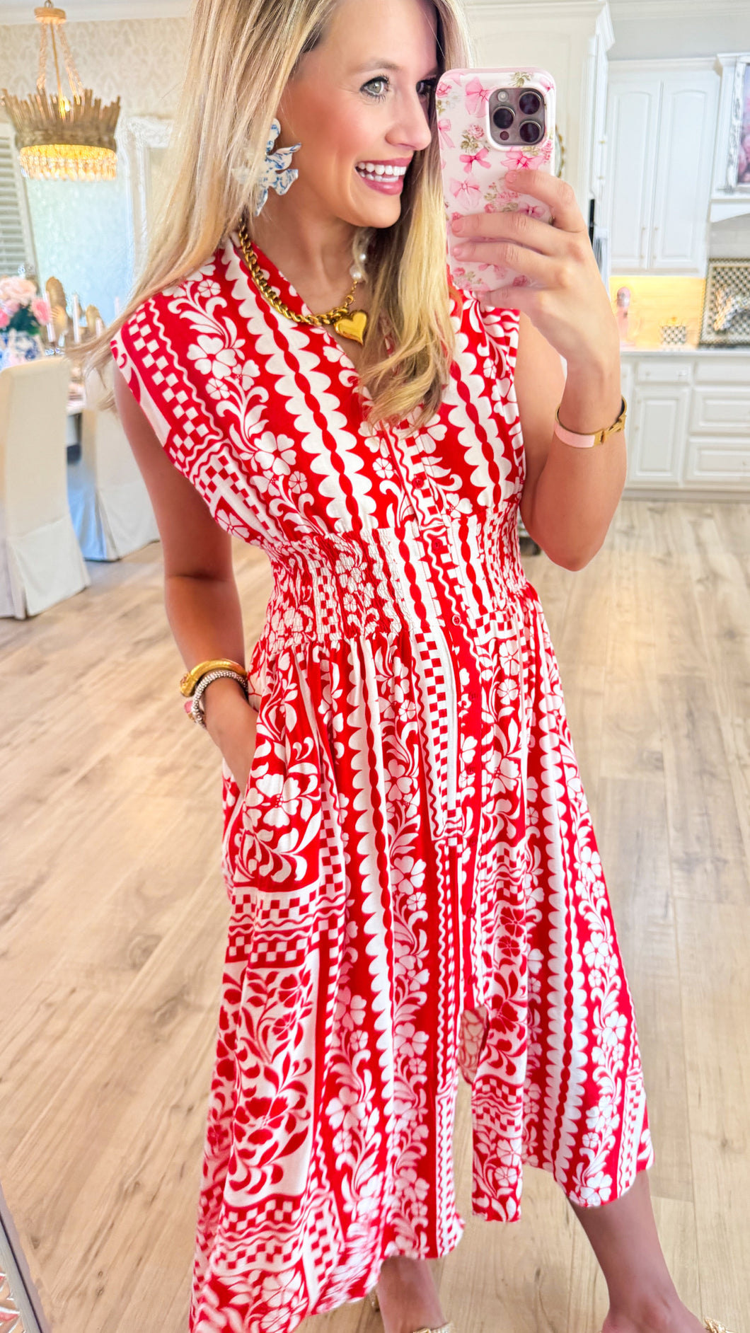 Red Printed Midi Dress