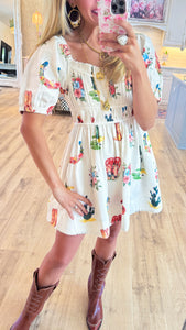 Western Printed Puff Sleeve Dress