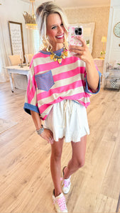 Pink and Taupe Stripe Colorblock Top