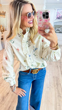 Off White Floral Ruffle Accent Button Up