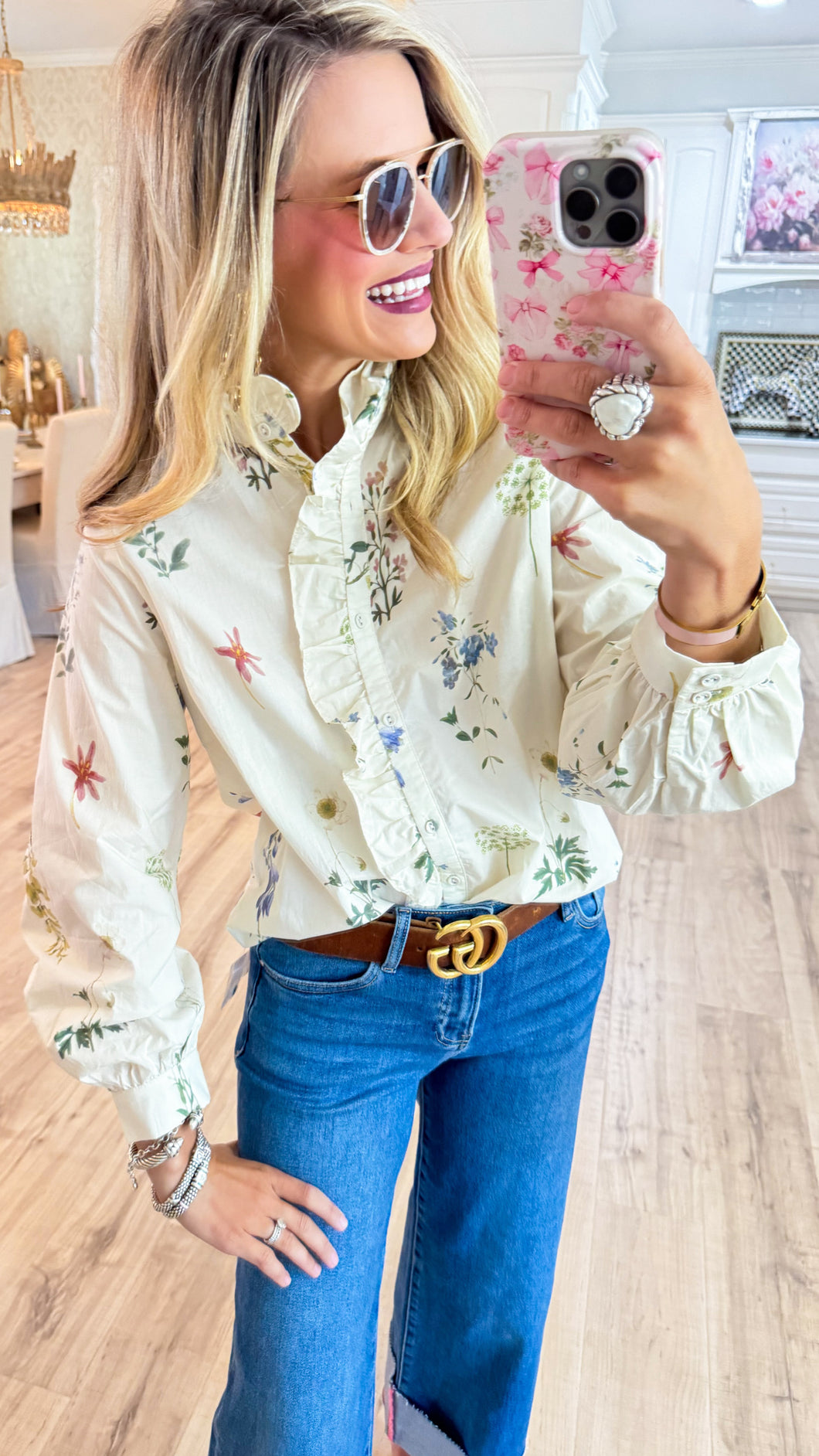 Off White Floral Ruffle Accent Button Up