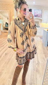 Khaki Border Printed Challis Shirt Dress