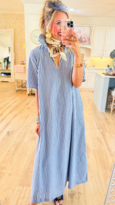 Navy Stripe Ruffle Collar Midi Dress