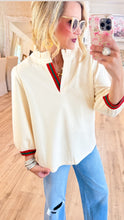 Ivory Stripe Contrast Ruffle Neck Top