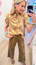 Gold Metallic Short Sleeve Button Up Top