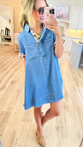 Denim and Animal Print Contrast Dress