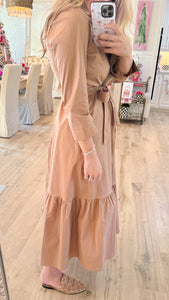 Camel Pinstripe Collared Midi Dress