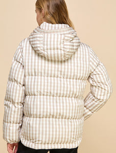 Beige Gingham Pull Over Puffer Jacket