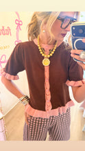 Brown and Pink Ruffle Detail Cardigan