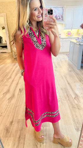 Hot Pink Leopard Contrast Maxi Dress
