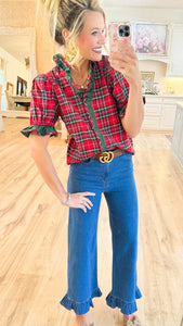 Red Plaid Puff Sleeve Ruffle Trim Blouse