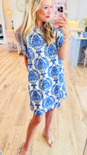 Blue Printed Short Sleeve Dress