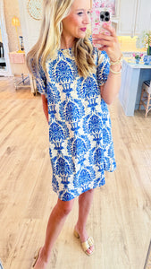 Blue Printed Short Sleeve Dress