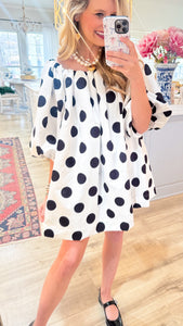 Black and White Polka Dot Bubble Sleeve Mini Dress