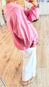 Bubble Gum Bow Print Washed Terry Pullover