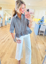Navy Gingham Ruffle Hem Button Up