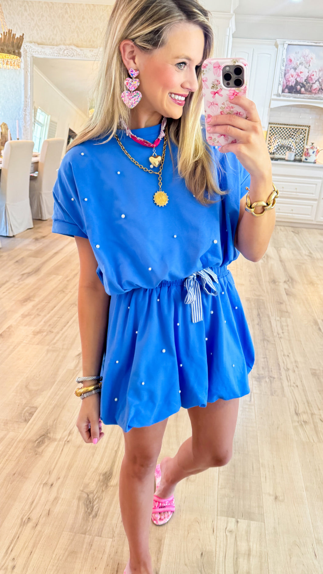 Blue Pearl Detail Bubble Skirt Set