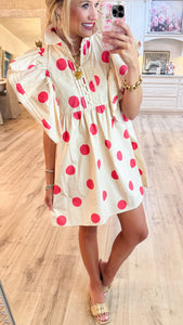 Ivory and Pink Polka Dot Ruffle Sleeve Dress