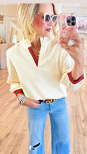 Ivory Stripe Contrast Ruffle Neck Top