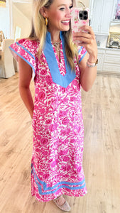 Pink Floral Flutter Sleeve Midi Dress