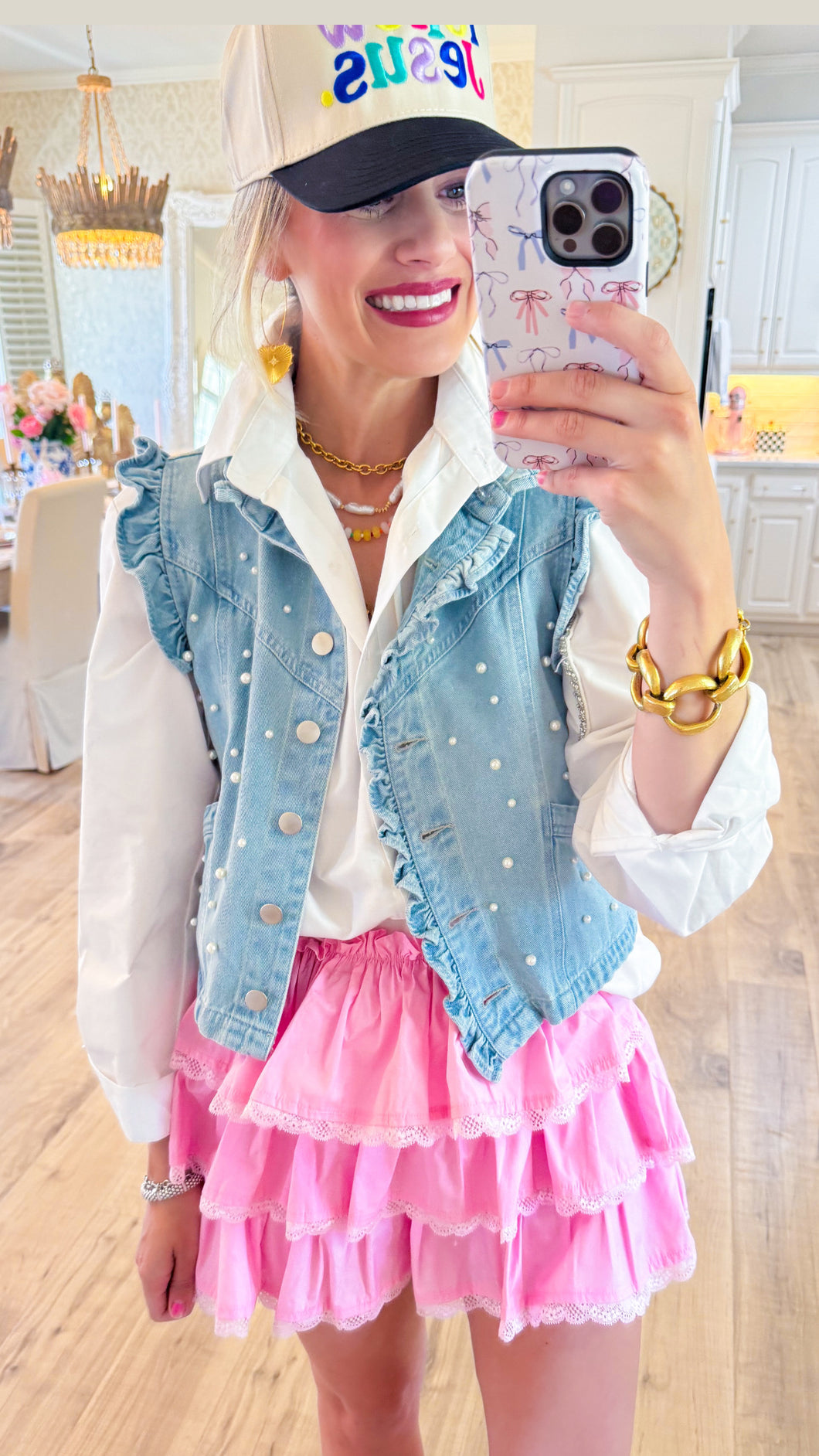 Pearl Denim Ruffle Detailed Vest