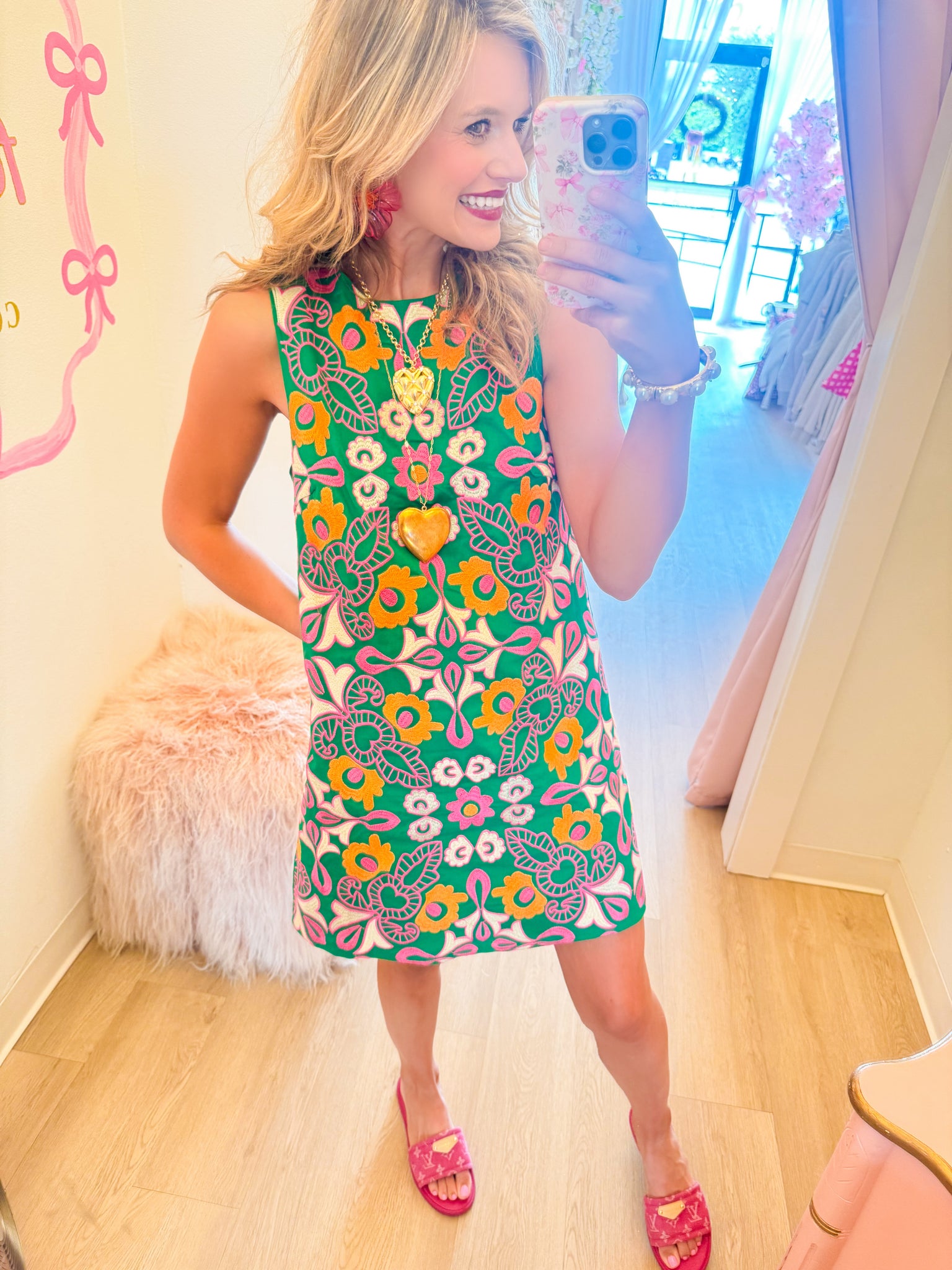THML Green Floral Embroidered Mini Dress