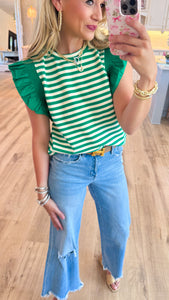Emerald Stripe Ruffle Sleeve Top