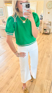 Green Textured Knit Puff Sleeve Top