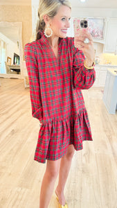 Red Ruffle Neck Checker Dress
