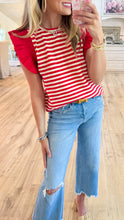 Red Stripe Ruffle Sleeve Top