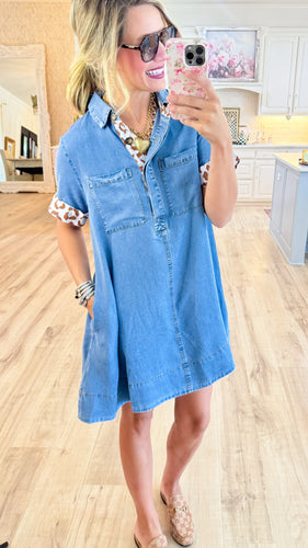 Denim and Animal Print Contrast Dress