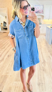 Denim and Animal Print Contrast Dress