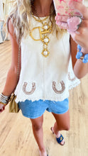 Horseshoe Embroidered Frayed Hem Top