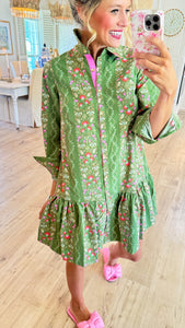 Green Floral Button Up Midi Dress