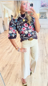THML Brown Floral Short Sleeve Knit Top