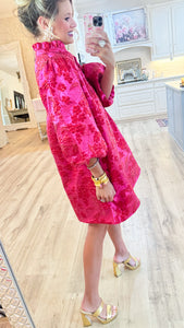 Hot Pink Ruffle Neck Jacquard Dress