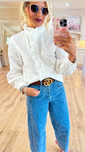 Off White Ruffle Accent Button Up