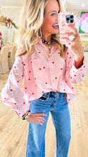 Pink and Red Heart Embroidered Button Up