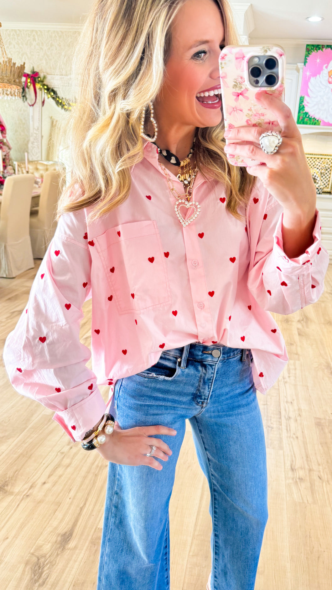 Pink and Red Heart Embroidered Button Up