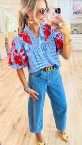 THML Blue Gingham Red Embroidered Puff Sleeve Top