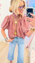 Camel and Pink Gingham Puff Sleeve Top
