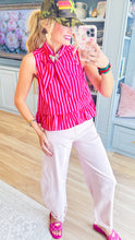 Red and Pink Striped Tie Neck Top