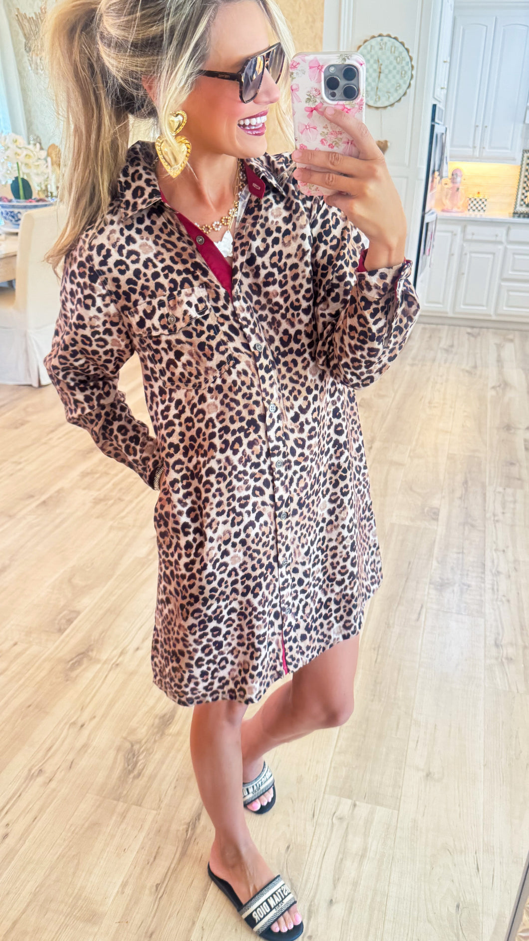 Taupe Solid Contrast Accent Leopard Dress
