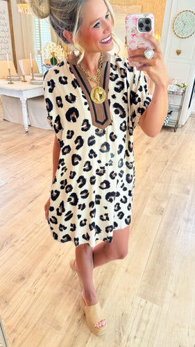 Off White Leopard Dolman Sleeve Mini Dress