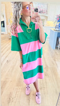 Green and Pink Colorblock Stripe Half Zip Dress