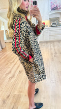 Metallic Leopard and Red Contrast Button Up Dress
